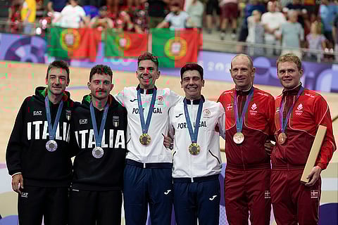 Paris Olympics Track Cycling men's keirin: Silver medallists Italy, silver medallists Italy and bronze medallists Denmark